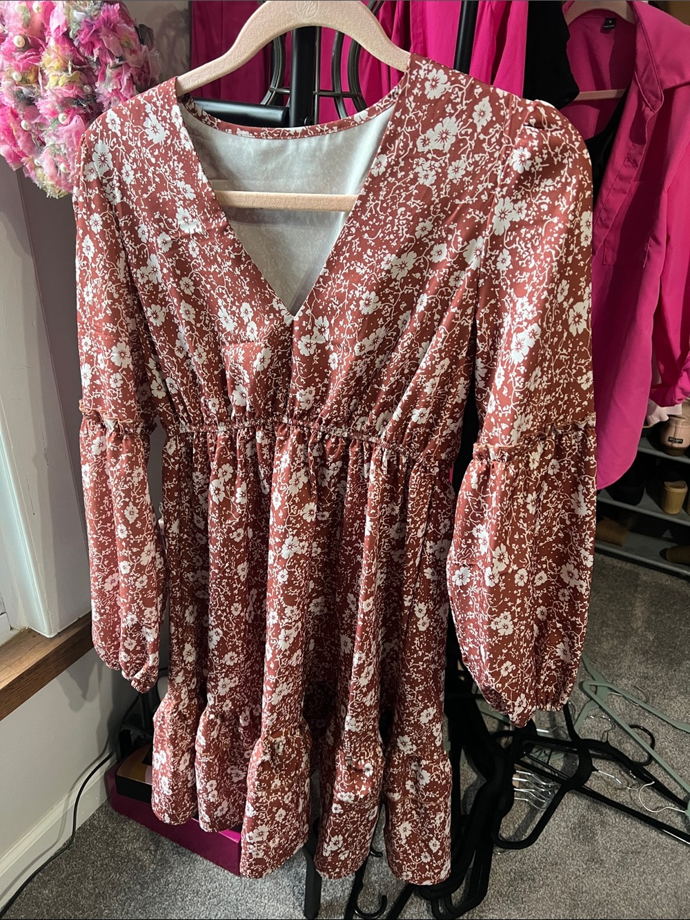 Rust Floral V-Neck Tiered Mini Dress